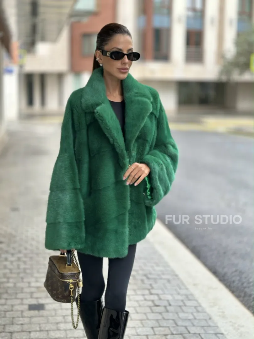 Куртка из норки с английским воротником - цвет изумруд - фото 4