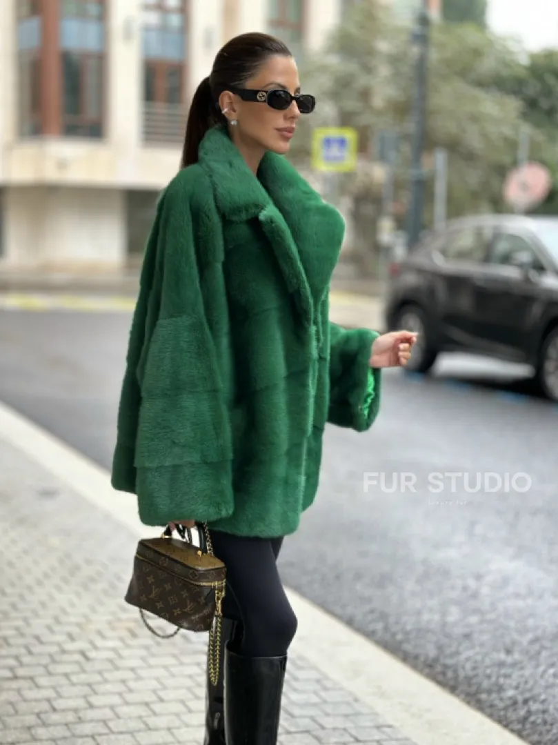 Куртка из норки с английским воротником - цвет изумруд - фото 5