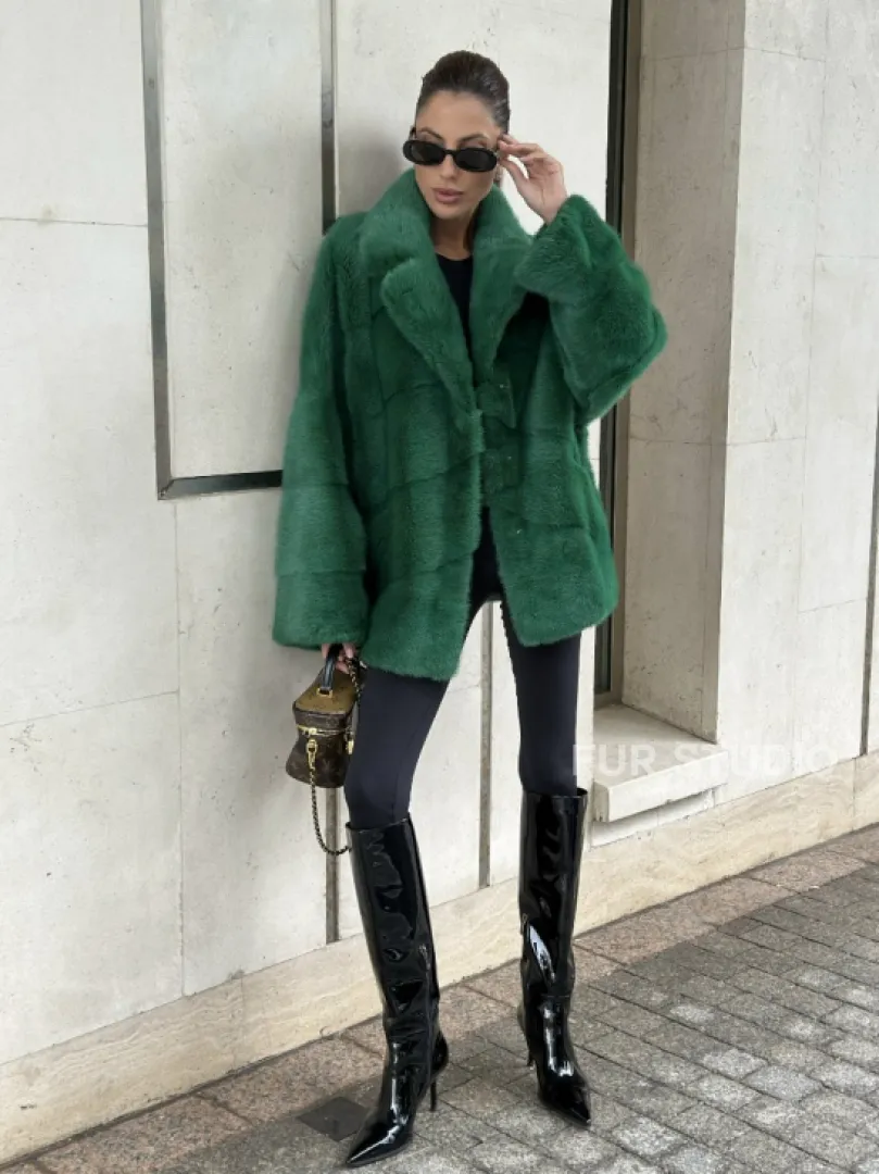 Куртка из норки с английским воротником - цвет изумруд - фото 6