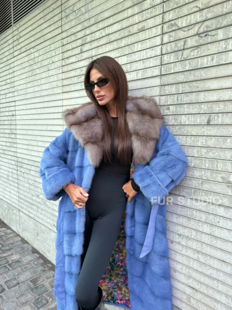 Шуба норковая с капюшоном из меха куницы - цвет голубой сапфир - фото 2