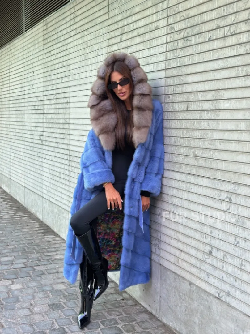 Шуба норковая с капюшоном из меха куницы - цвет голубой сапфир - фото 7