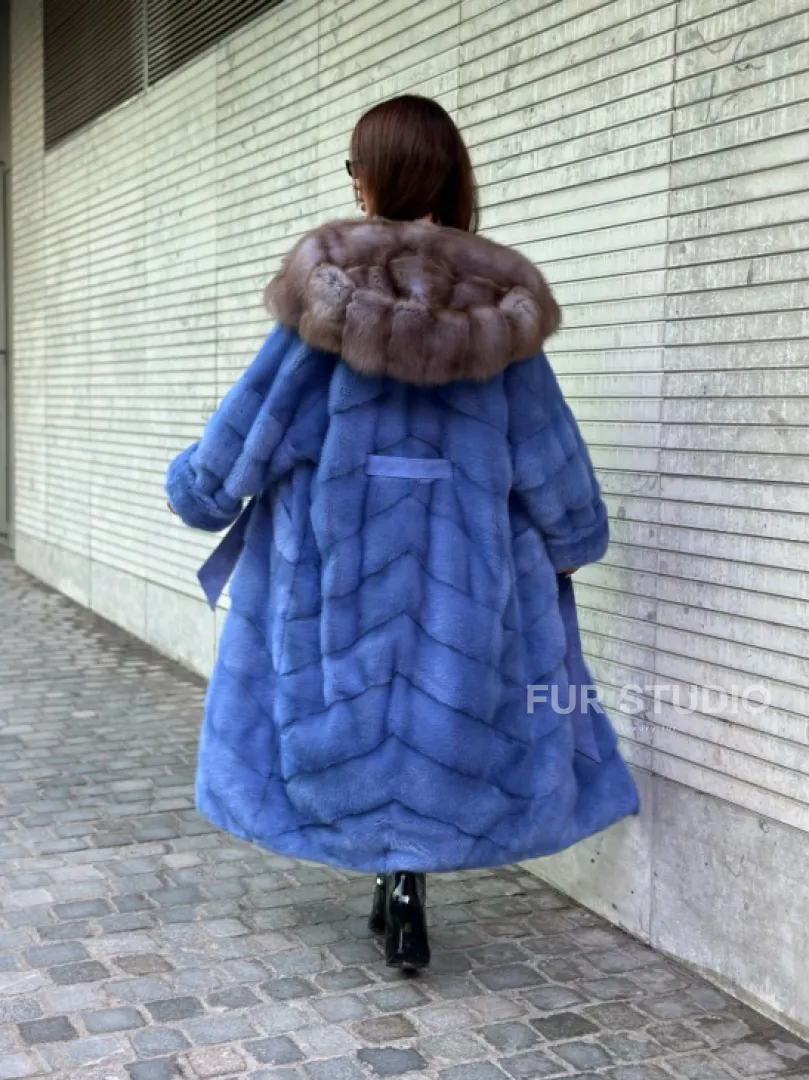 Шуба норковая с капюшоном из меха куницы - цвет голубой сапфир - фото 4