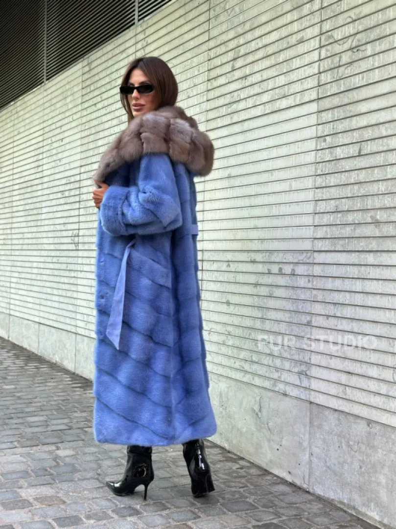 Шуба норковая с капюшоном из меха куницы - цвет голубой сапфир - фото 6