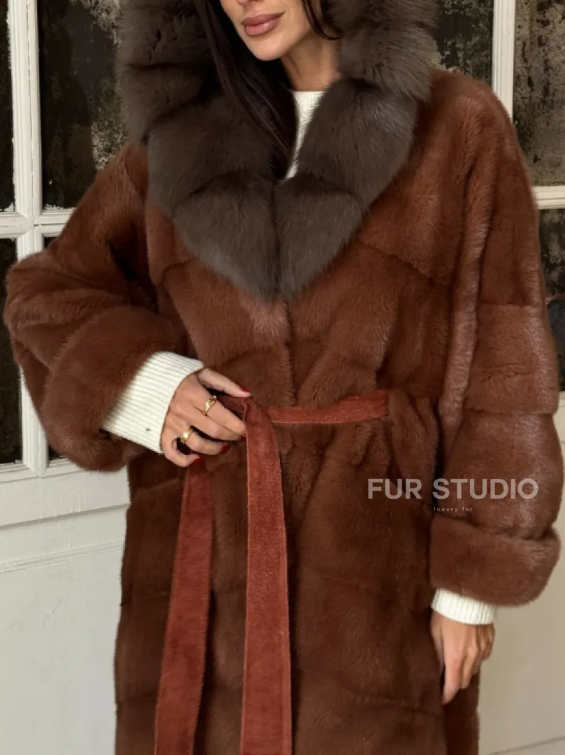 Эксклюзивная норковая шуба с капюшоном из куницы - цвет терракотовый - фото 1