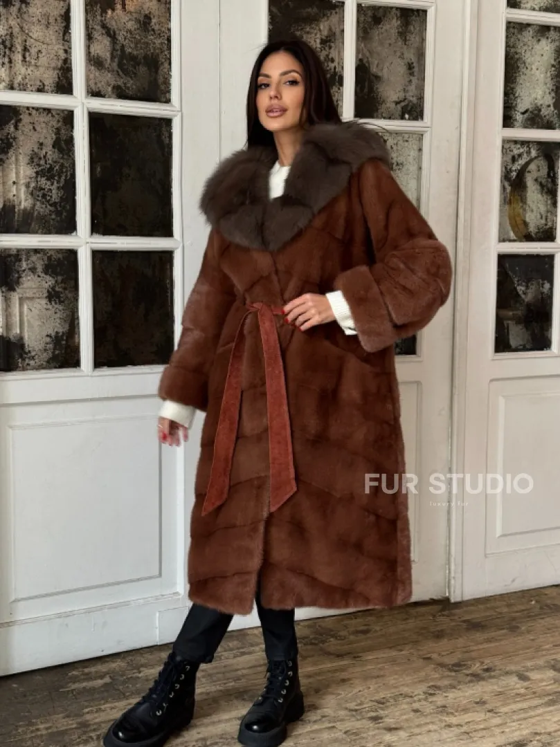 Эксклюзивная норковая шуба с капюшоном из куницы - цвет терракотовый - фото 8