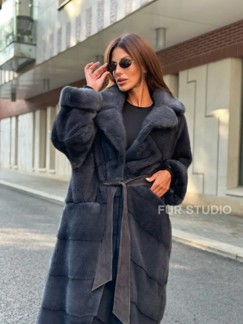 Графит длинная шуба из меха плюшевой норки VELVET