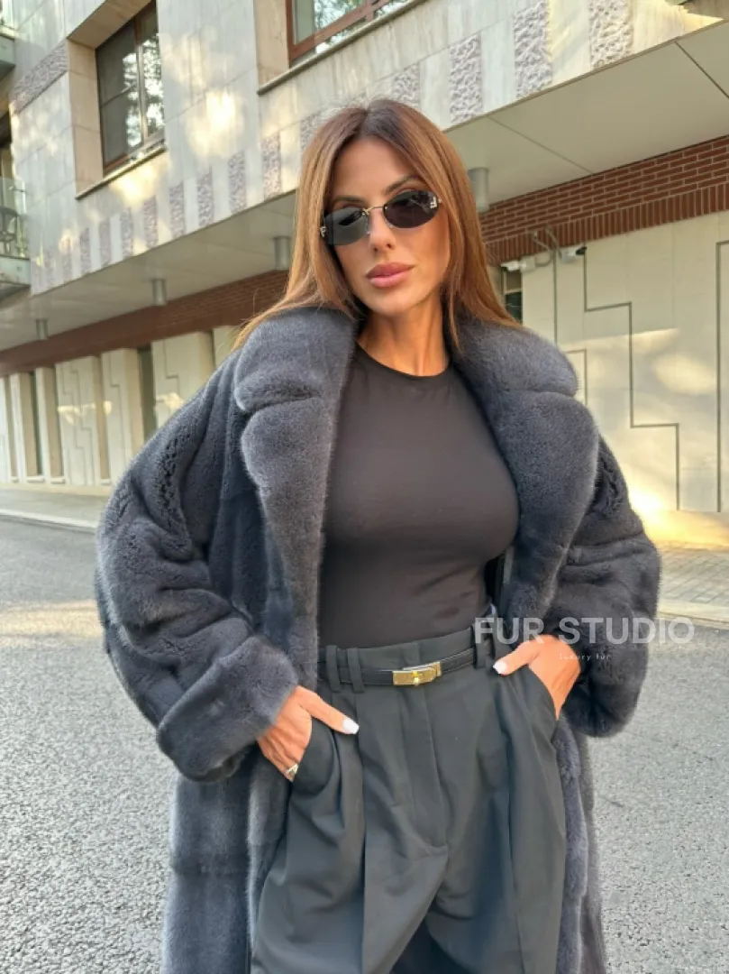 Графит длинная шуба из меха плюшевой норки VELVET