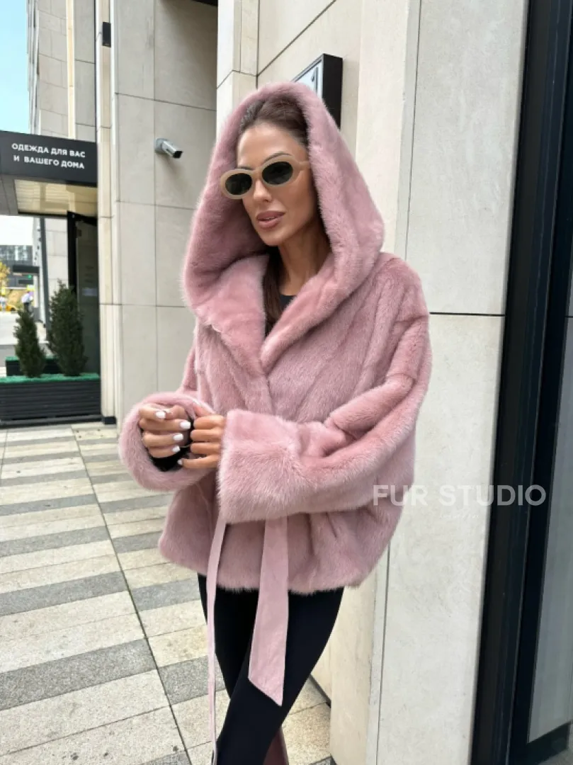 Норковый жакет с капюшоном - цвет розовый фламинго - фото 2