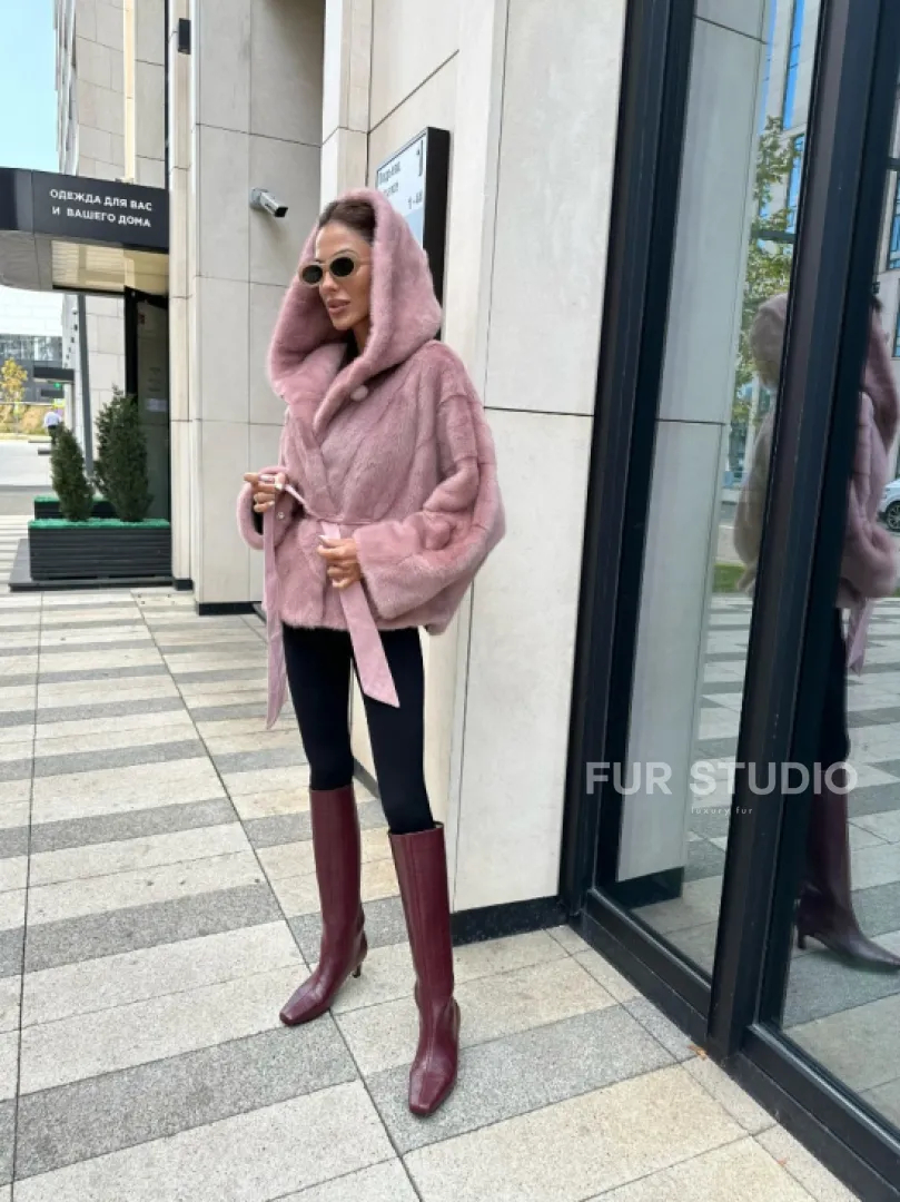 Норковый жакет с капюшоном - цвет розовый фламинго - фото 9