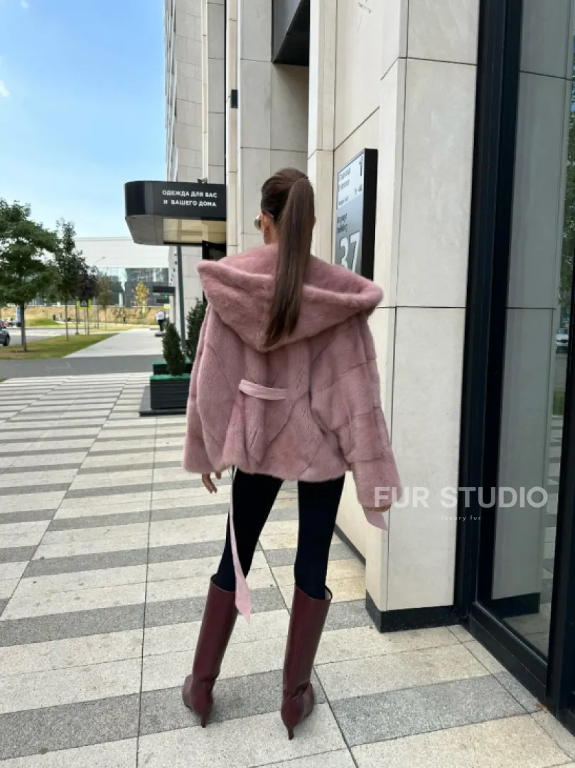 Норковый жакет с капюшоном - цвет розовый фламинго - фото 7