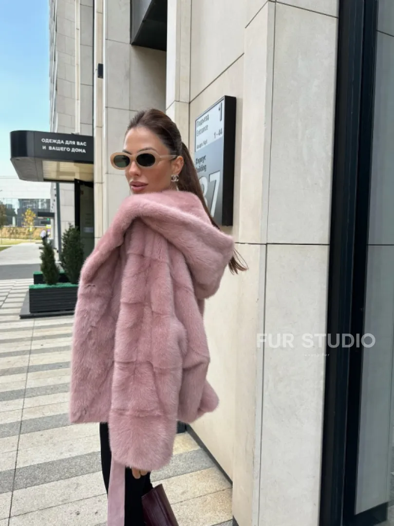 Норковый жакет с капюшоном - цвет розовый фламинго - фото 5