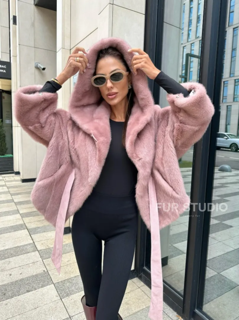 Норковый жакет с капюшоном - цвет розовый фламинго - фото 1
