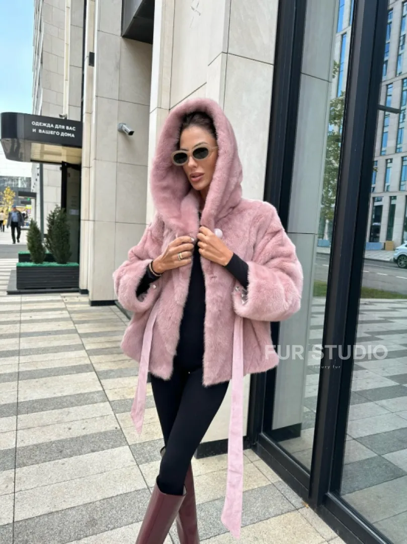 Норковый жакет с капюшоном - цвет розовый фламинго - фото 3