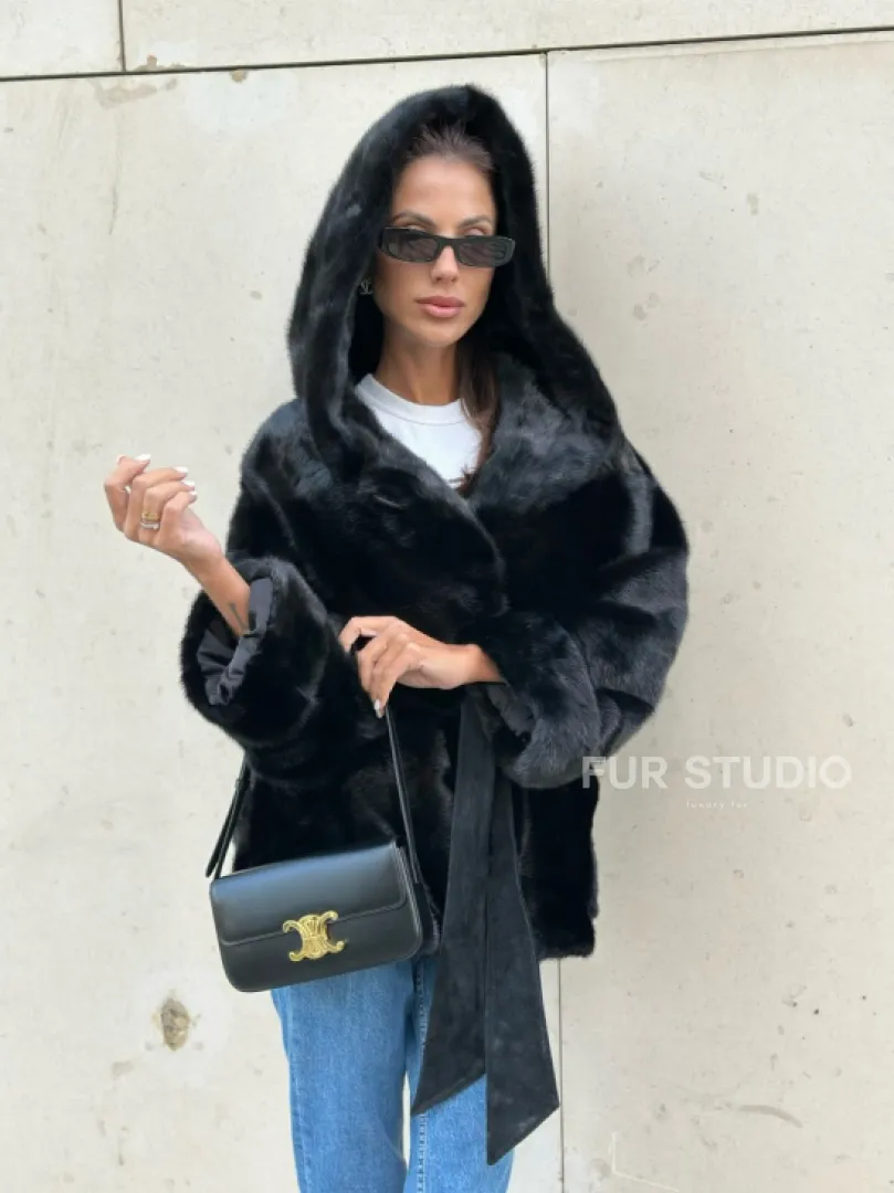 Черная норковая шуба с капюшоном - автоледи - фото 0