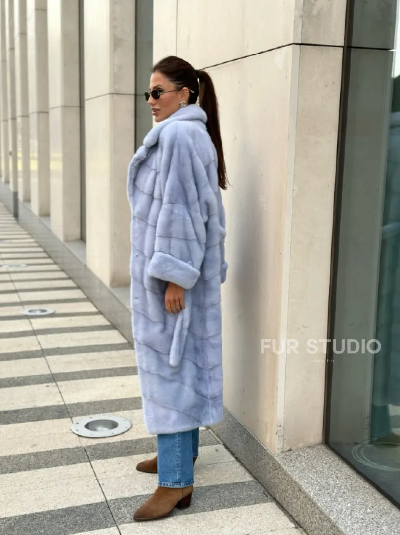 Голубая шуба из плюшевой норки, английский воротник - фото 4