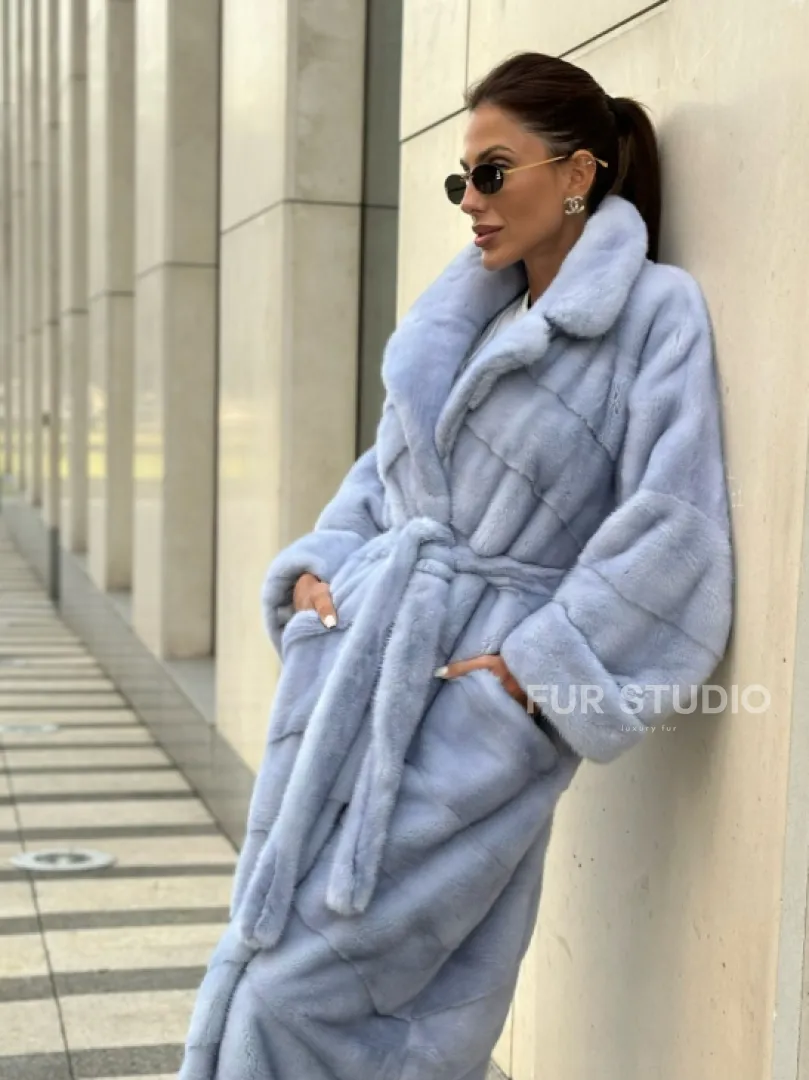 Голубая шуба из плюшевой норки, английский воротник - фото 2