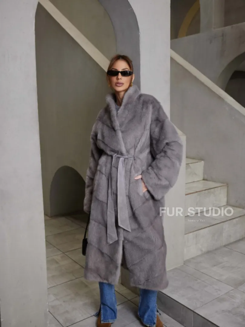 Стильная норковая шуба воротник отворот - цвет дымчато-серый - фото 4