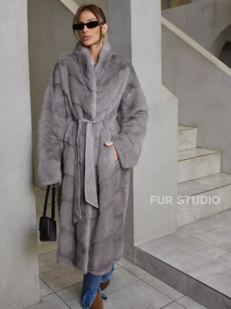 Стильная норковая шуба воротник отворот - цвет дымчато-серый - фото 2