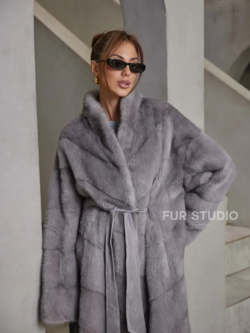 Стильная норковая шуба воротник отворот - цвет дымчато-серый - фото 0