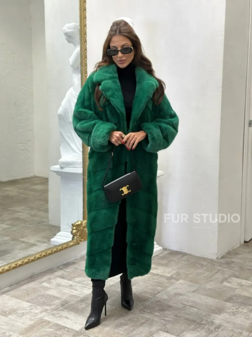 Шуба из аукционной норки с английским воротником - цвет изумруд - фото 5