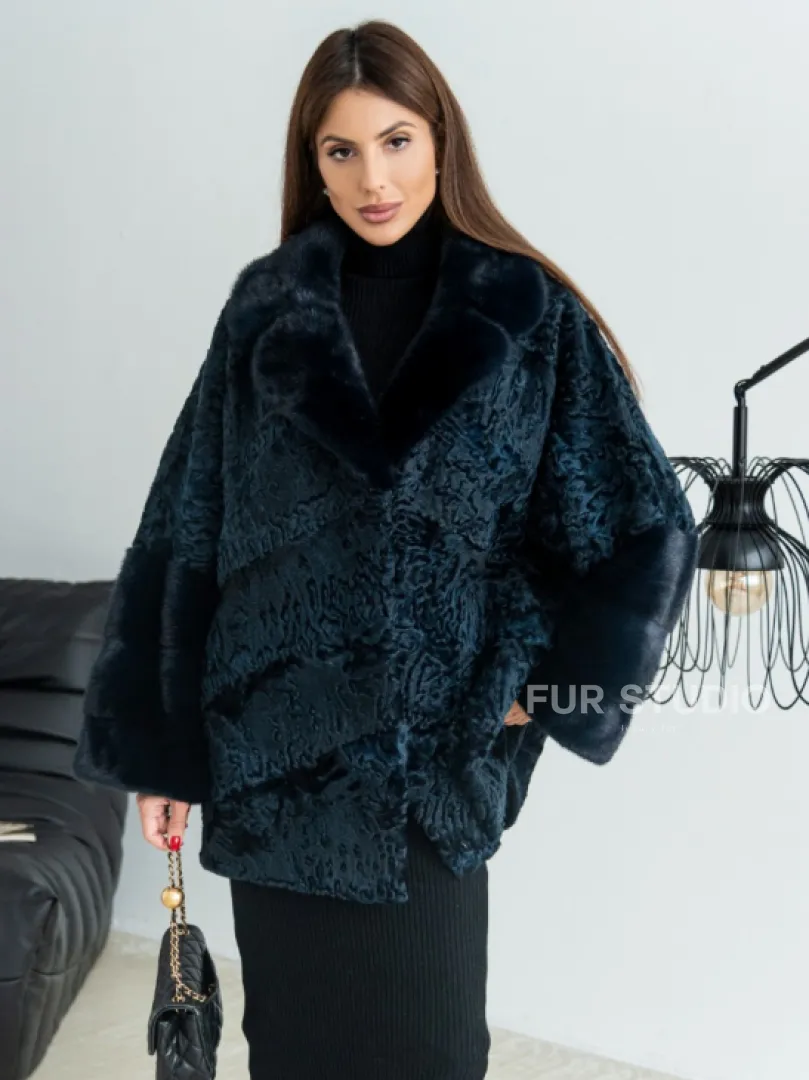 Полушубок из каракульчи свободного кроя с отделкой из меха норки - цвет темно-синий - фото 0