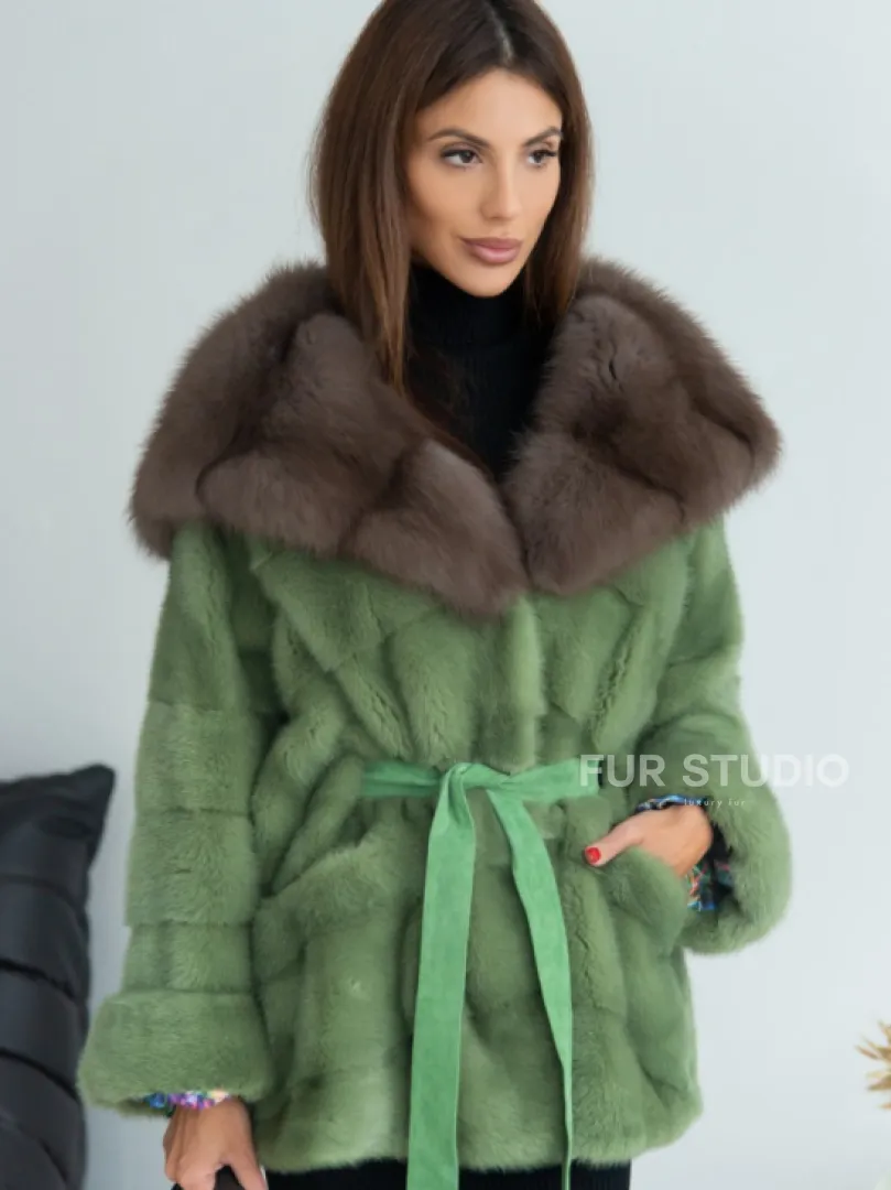 Пончо норковое с капюшоном куница - цвет оливковый - фото 1