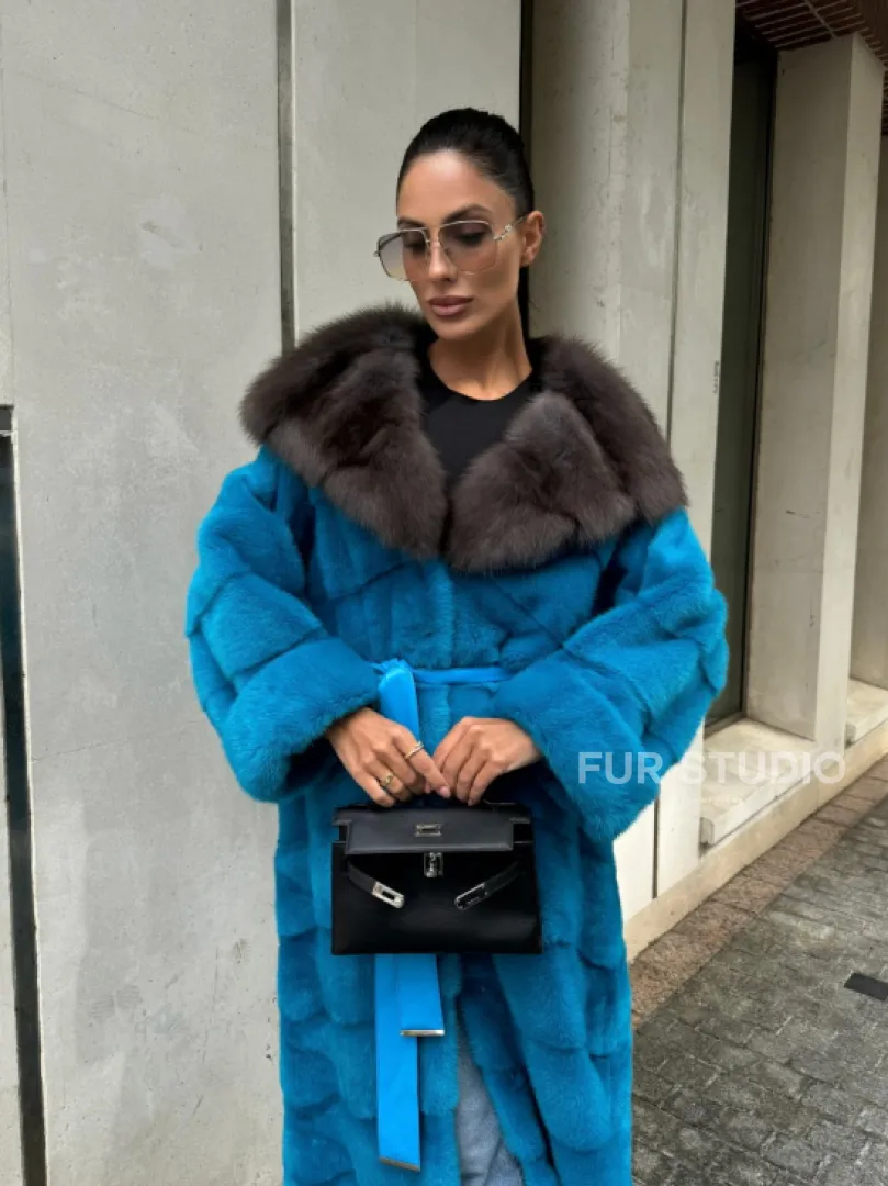 Шуба норковая с капюшоном из меха куницы - цвет тиффани - фото 12