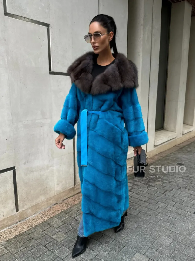 Шуба норковая с капюшоном из меха куницы - цвет тиффани - фото 13
