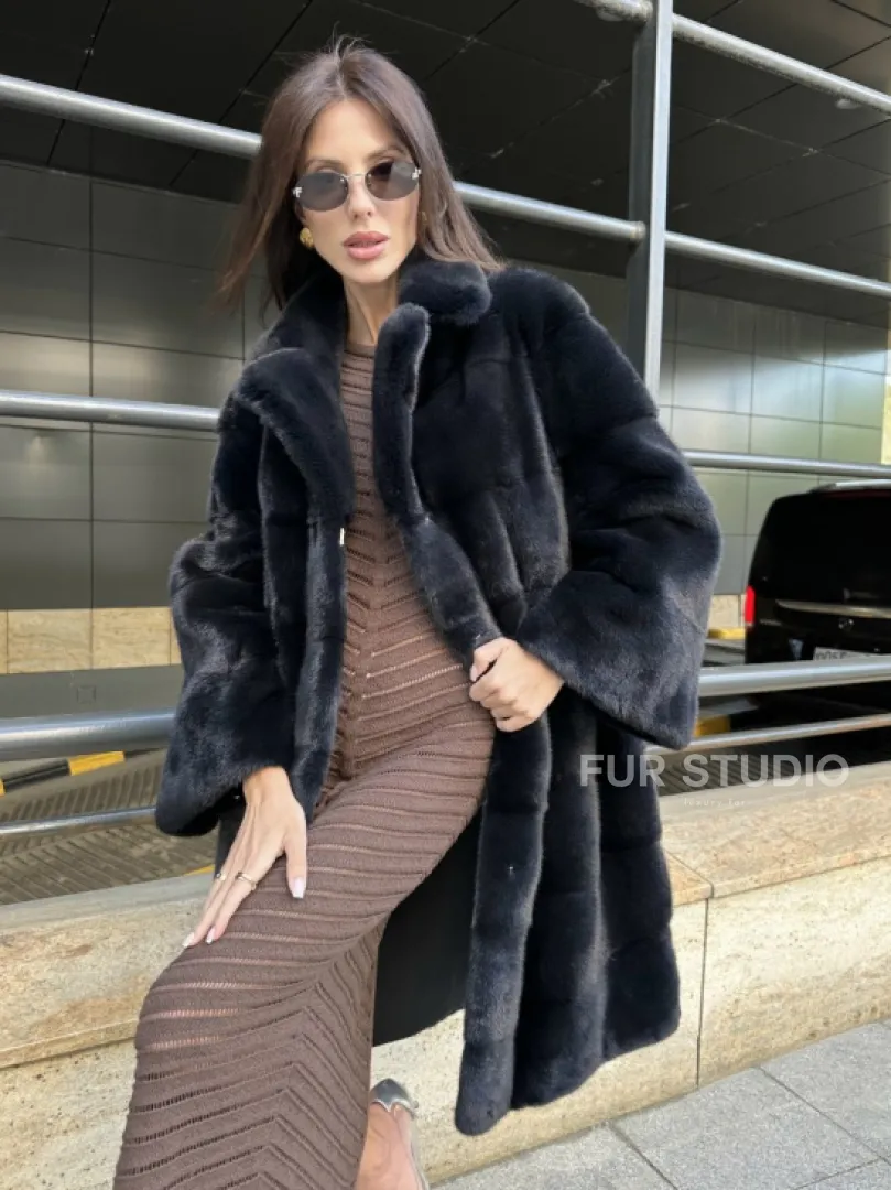 Шуба норковая английский воротник - цвет инфинити - фото 2