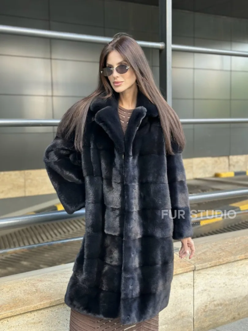 Шуба норковая английский воротник - цвет инфинити - фото 3