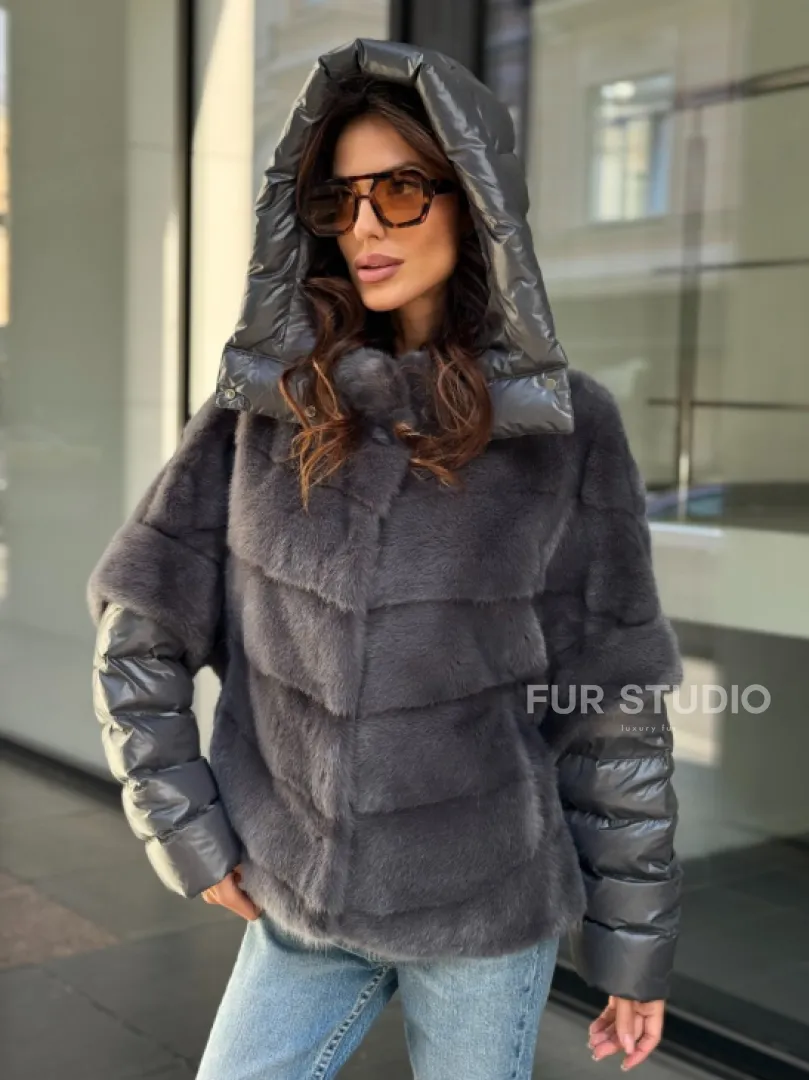 Норковый пуховик/жилет 2в1 - светлый графит