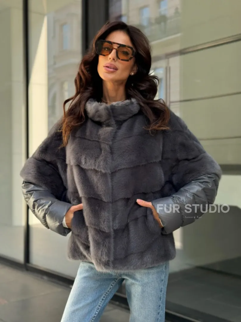 Норковый пуховик/жилет 2в1 - светлый графит - фото 7