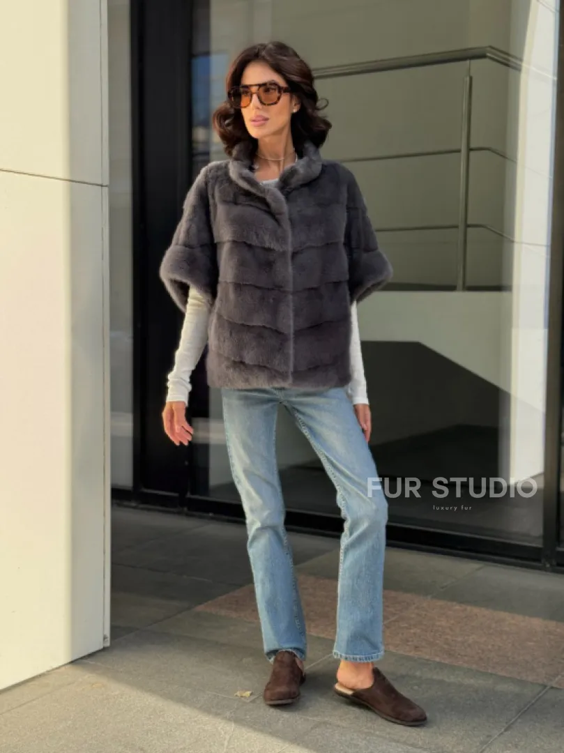 Норковый пуховик/жилет 2в1 - светлый графит