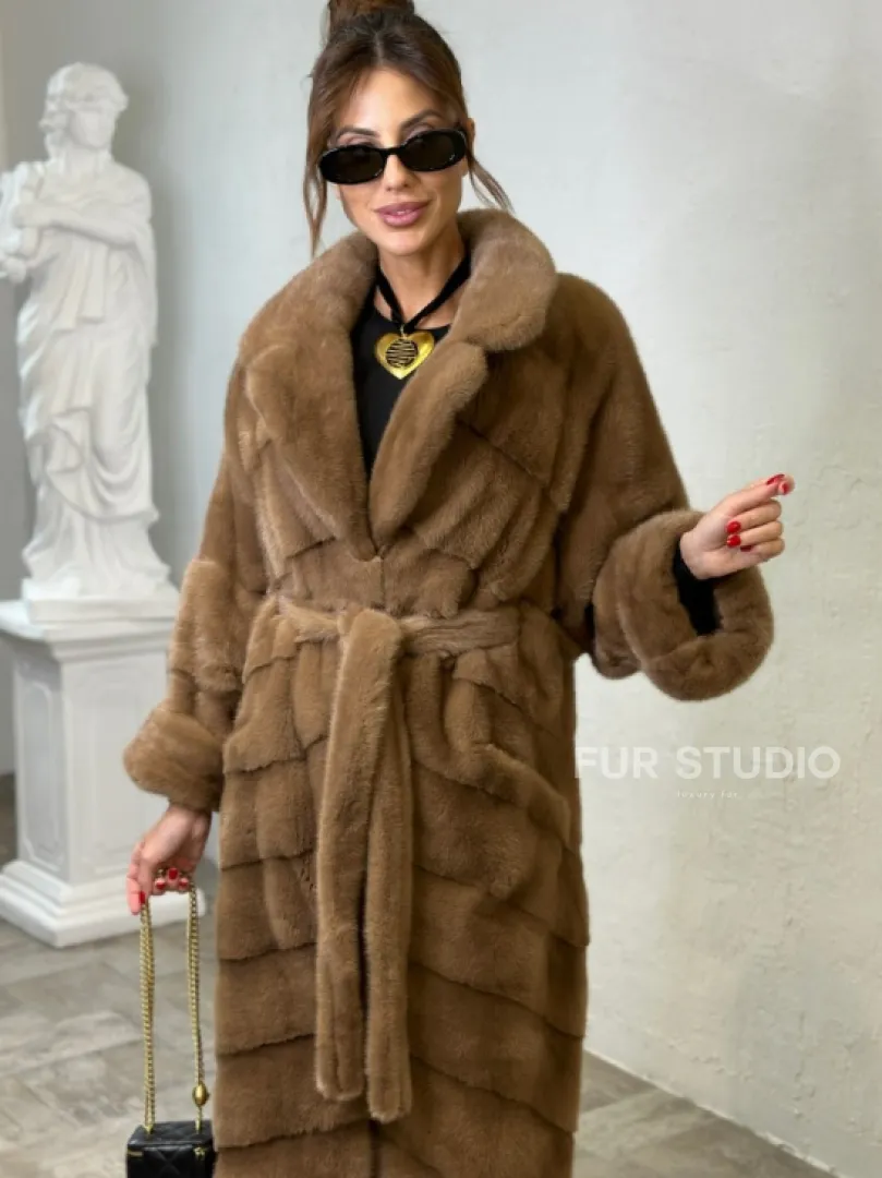 Длинная шуба карамель кимоно мех NAFA - фото 1