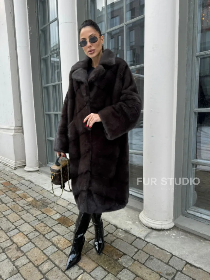 Норковая шуба с английским воротником - цвет уголь - фото 0