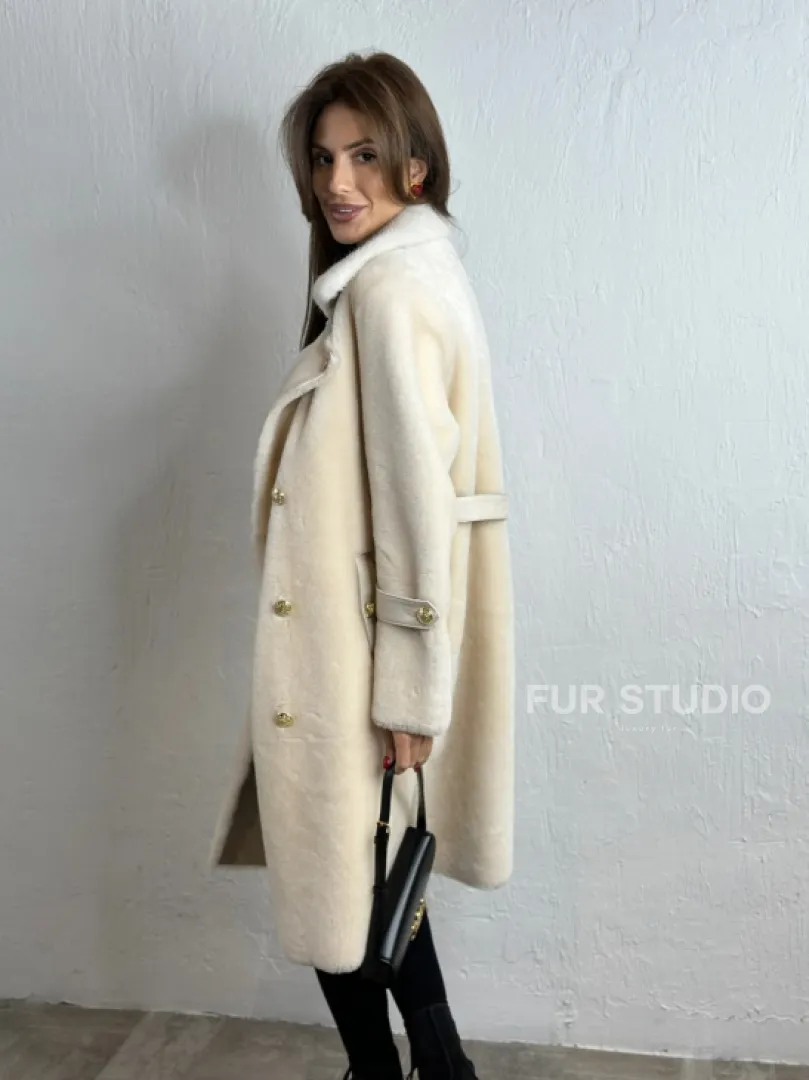 Дубленка из овчины с мехом норки - цвет молочный - фото 2