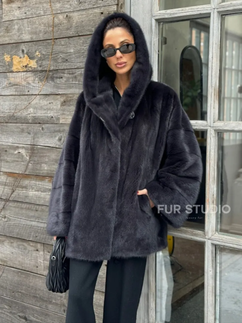 Шуба норковая с капюшоном - цвет графит