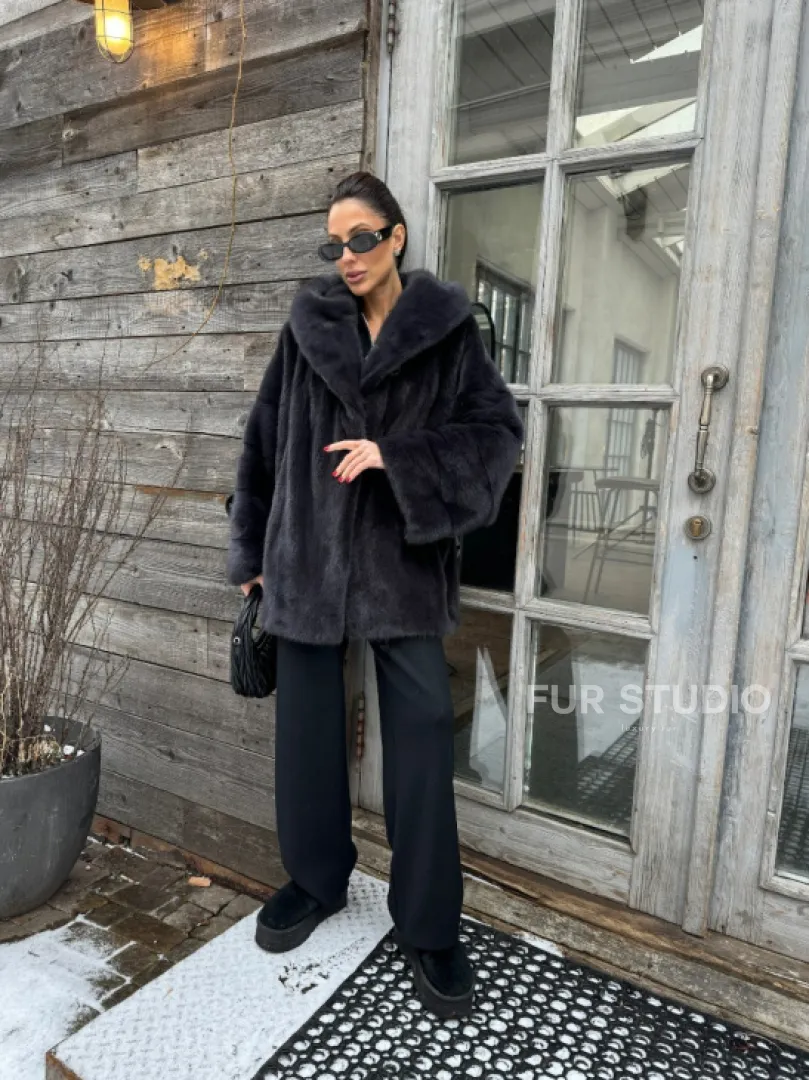 Шуба норковая с капюшоном - цвет графит