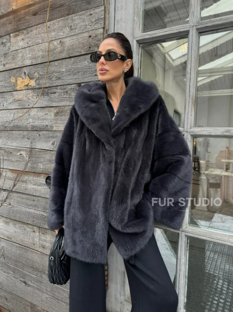 Шуба норковая с капюшоном - цвет графит