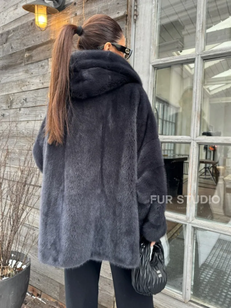Шуба норковая с капюшоном - цвет графит