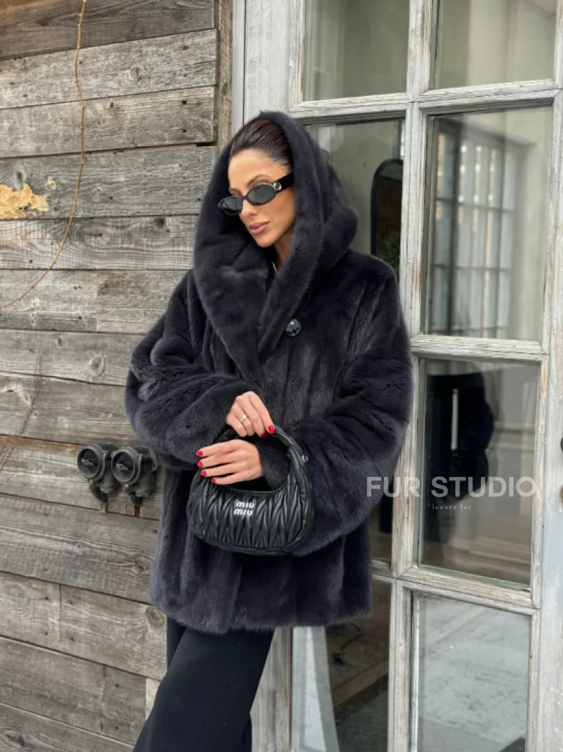 Шуба норковая с капюшоном - цвет графит