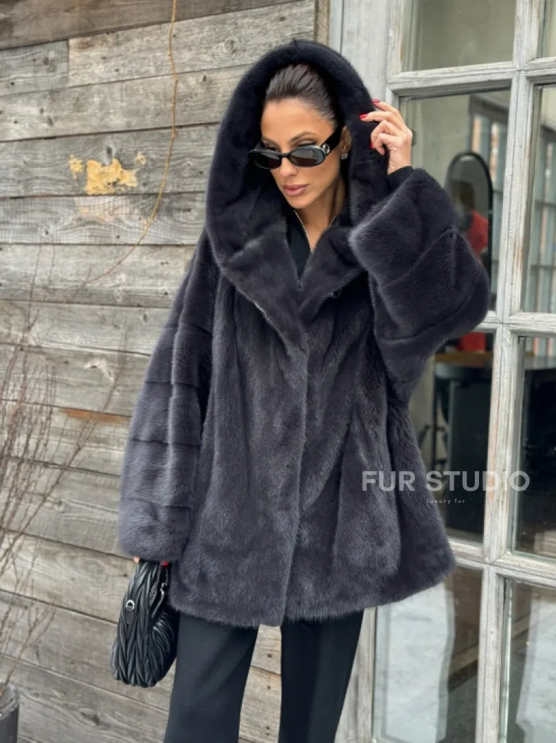Шуба норковая с капюшоном - цвет графит