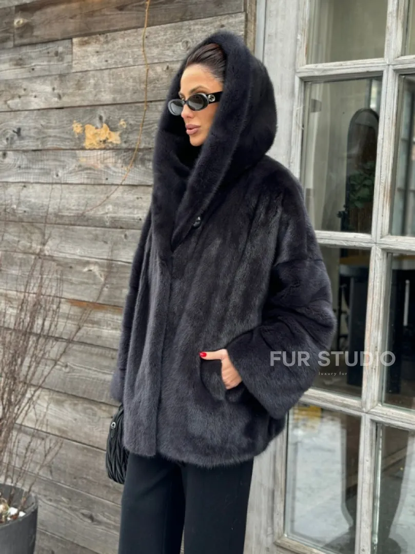 Шуба норковая с капюшоном - цвет графит