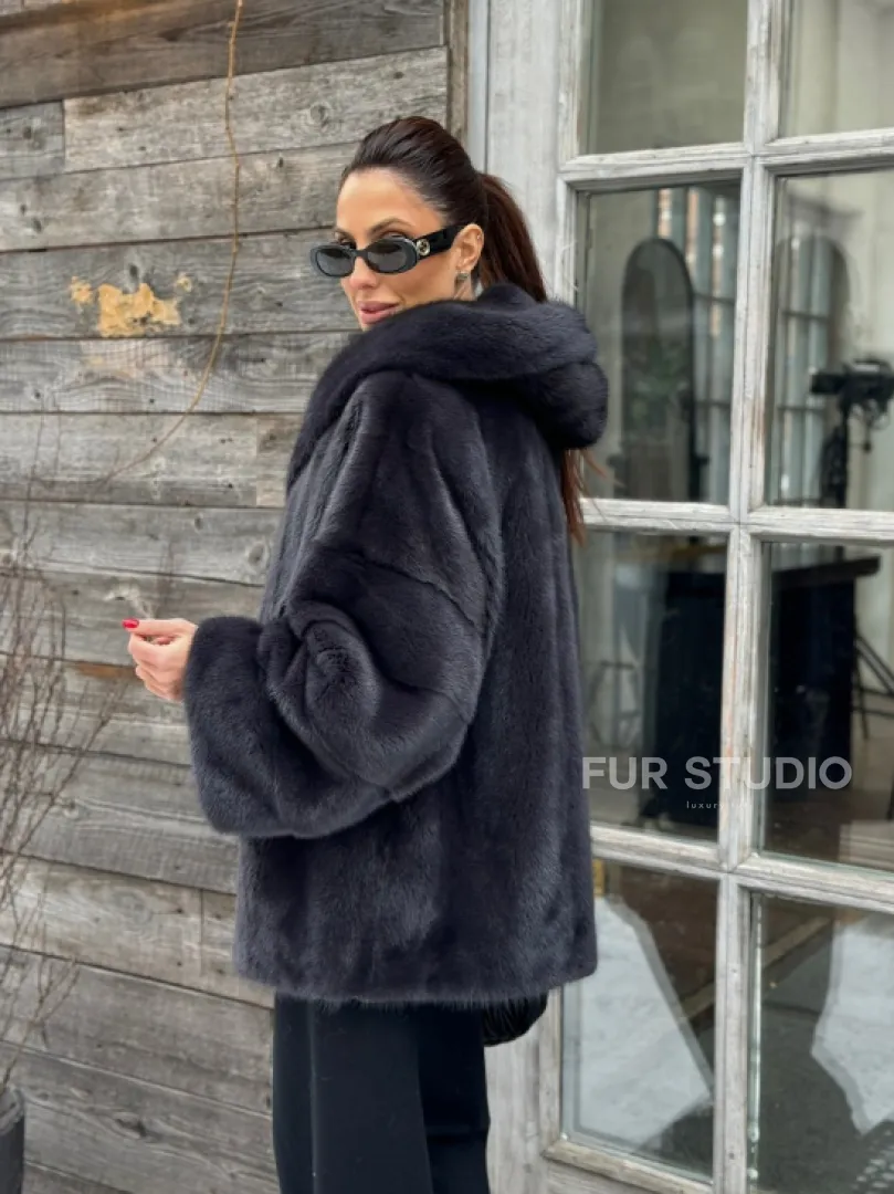 Шуба норковая с капюшоном - цвет графит