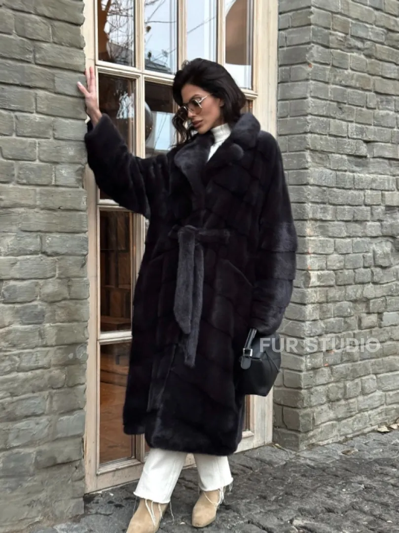 Шуба Халат из меха норки с английским воротником - цвет темный графит - фото 9