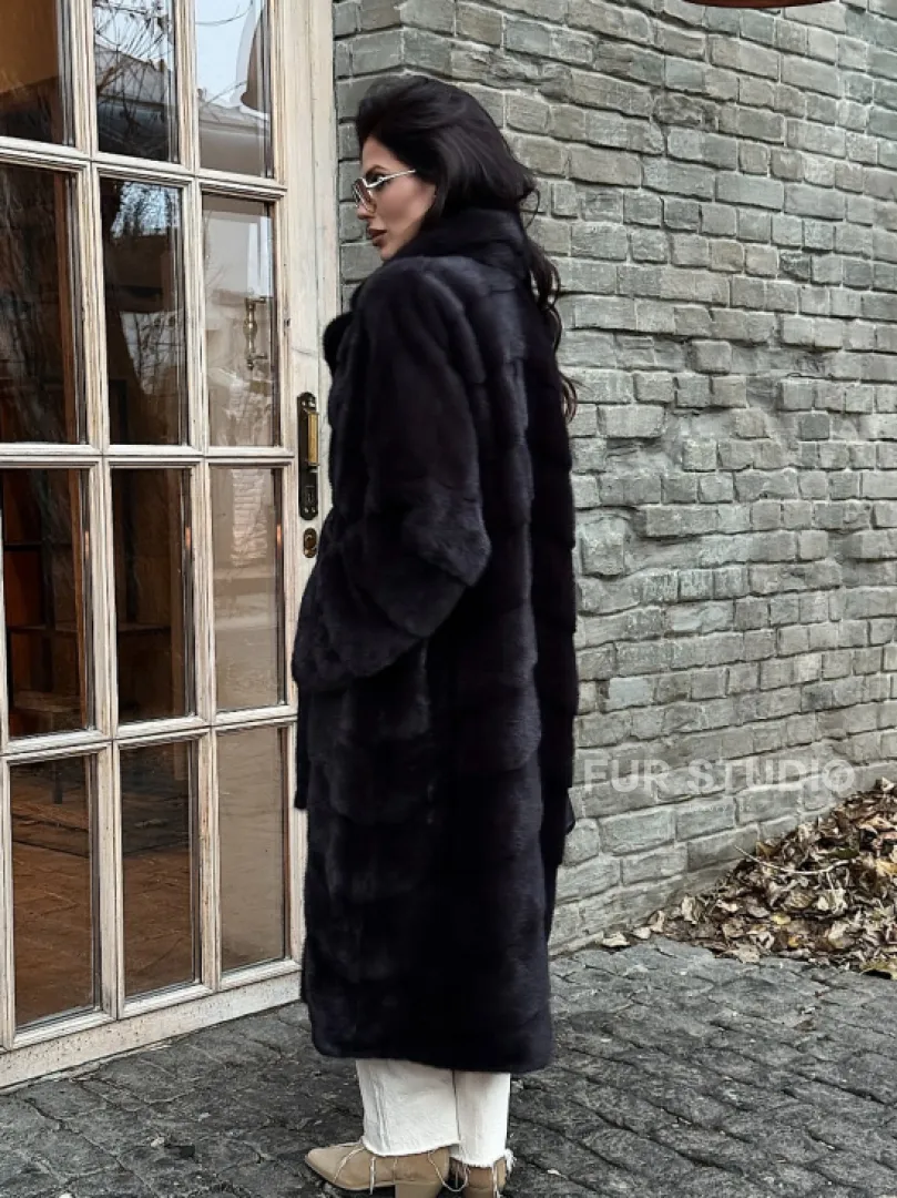 Шуба Халат из меха норки с английским воротником - цвет темный графит - фото 5