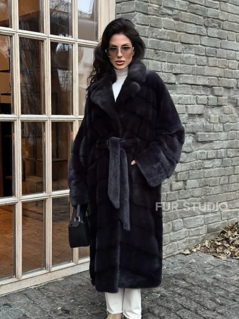 Шуба Халат из меха норки с английским воротником - цвет темный графит - фото 6