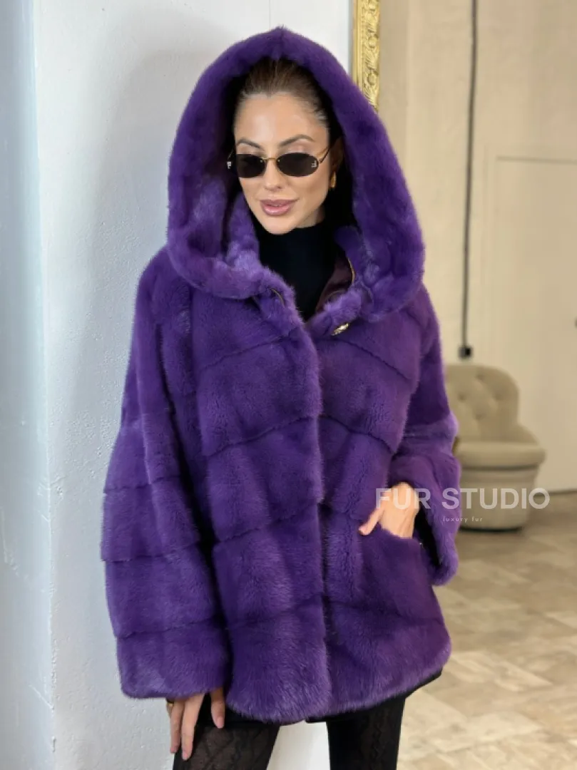 Паркет шуба с капюшоном - фиолетовый цвет - фото 2