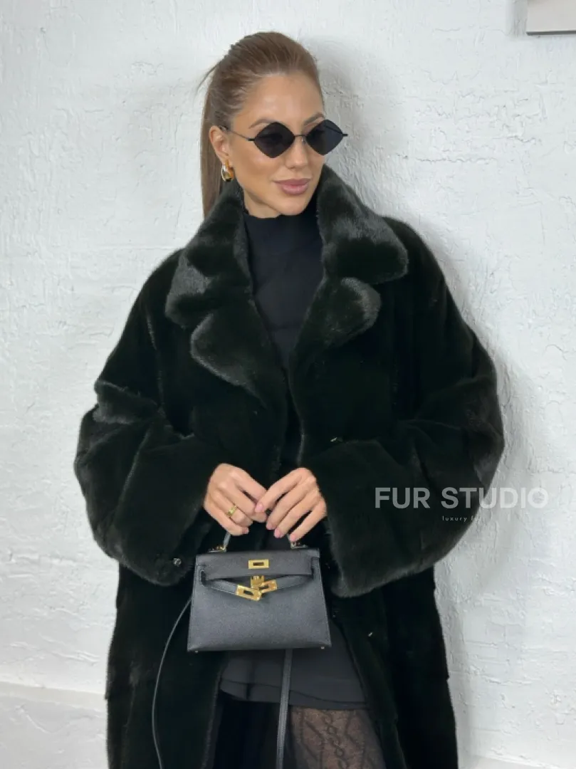 Кимоно норка мех NAFA английский воротник - темный изумруд - фото 0