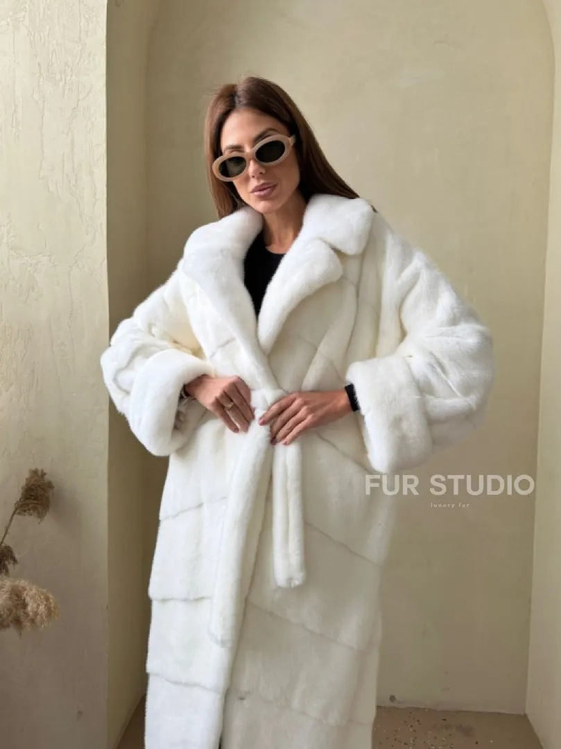 Норка NAFA люкс кимоно паркет английский воротник под пояс - цвет белый - фото 3